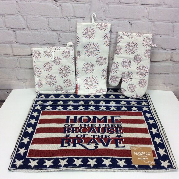 Patriotic 7Pc Kitchen Set (4)Tapestry Placemats/Dish Towel/Oven Mitt/Pot Holder - Picture 12 of 12